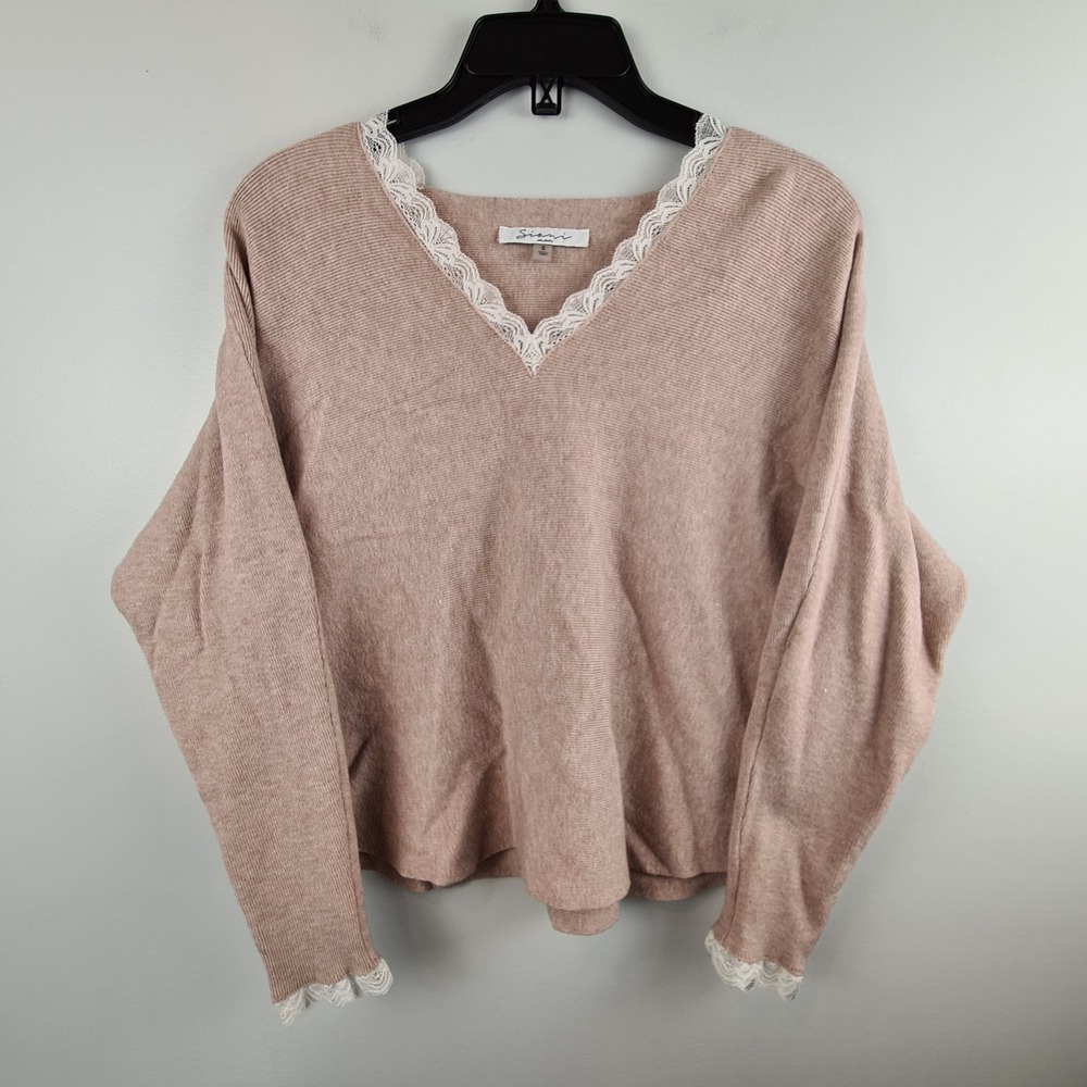 Sioni Milano Women Small Dusty Rose V-Neck Lace Trim‎ Ribbed Knit Sweater Mauve